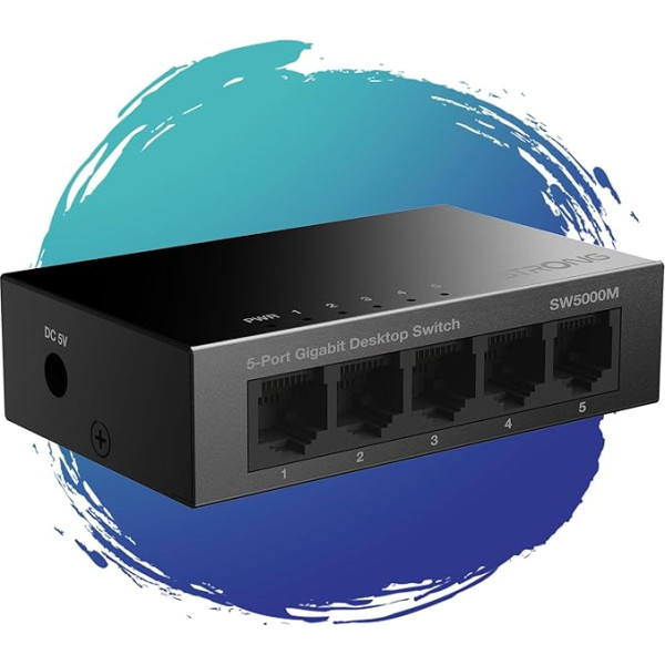 STRONG SW5000M | 5 pieslēgvietu komutators Gigabit Ethernet metāla konstrukcijā | Piestiprināms pie galda un sienas | Ideāli piemērots ātriem LAN savienojumiem | Optimizē datu plūsmu | Bez ventilatora | Tīkla paplašināšana | Melns