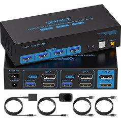 8K @ 60Hz HDMI + Displayport KVM Switch Dual Monitor USB 3.0 KVM Switcher 4K @ 120hz for 2 Computers Share 2 Monitors and 4 USB Ports Support DP 1.4 HDMI 2.1 with Wired Controller, 12V DC Adapter