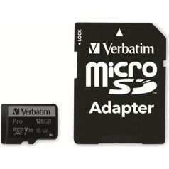 Verbatim Pro U3 Micro SDXC atmiņas karte ar adapteri, 128 GB, datu glabāšana 4K Ultra HD video ierakstīšanai, Micro SD karte melnā krāsā, ideāli piemērota sporta kamerām, videokamerām, viedtālruņiem un planšetdatoriem