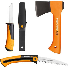 Fiskars kempinga komplekts, brīvā laika cirvis X5-XXS 23 cm, Xtract rokas zāģis SW73, svaigai koksnei, ievelkams, 35 cm, universālais nazis ar iebūvētu asinātāju, 21,5 cm, 1057912