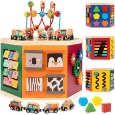 WOODMAM Motorisko prasmju kubs Farm Animals Activity Cube Koka mācību rotaļlieta mazuļiem Baby 9-in-1 Montessori rotaļlieta ar kraušanas un šķirošanas dēli mazuļiem no 18 mēnešiem