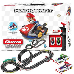 Carrera Go!!! Mario Kart™ P-Wing komplekta sacīkšu trase ar Mario un Yoshi | 2 spēļu automāti, ieskaitot 2 rokas vadības pogas ar Turbo pogu | 4,9 m gara trase, ieskaitot cilpu, apļa skaitītāju un Mario Kart™.