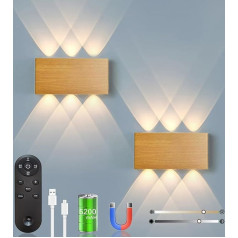 2 x akumulatora sienas lampa ar tālvadības pulti un skārienvadības slēdzi LED magnētiskā akumulatora sienas lampa 5200 mAh Bezvadu sienas lampa 3 spilgtuma režīmi Ideāli piemērota bēniņiem, gaitenim, guļamistabai (koks)