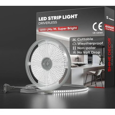 Shine Decor COB LED lente 5 m, maiņstrāvas 220 V 230 V IP65 ūdensizturīga LED lente, SMD 2835 120 LEDs/m īpaši augsta spilgtuma gaismas lente mājas dekorēšanai, virtuves un dārza LED apgaismojums (5 m, auksti balta)