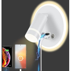 HUIZHOU Sienas lasīšanas lampa Pie sienas piestiprināms LED sienas apgaismojums Skārienjūtīga vadība 3 krāsu temperatūras un 12 W USB uzlādes ports 350° rotējoša gultas lasīšanas gaisma Dzīvojamā istaba un guļamistaba (apaļa balta)