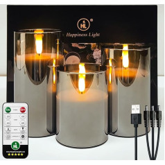 HL LED Candles Flameless in Glass, Rechargeable with Remote Control Timer Flickering Candles for Wedding Festival Christmas Home Decor, Set of 3 Wax Pillar Candles, Grey