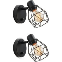 Lightess Pack of 2 Wall Light Indoor Dimmable Metal Wall Lamp Adjustable Vintage Black E27 Retro Wall Spot with Switch for Bedroom Living Room Hallway Cafe Bar Restaurant Hotel (Light Bulb Not