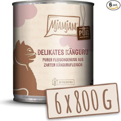 MjAMjAM Premium mitrā barība kaķiem, tīrs gaļas baudījums, tīrs maigais ķengurs, 6 gab. (6 x 800 g), bez graudaugiem, ar papildus gaļu.