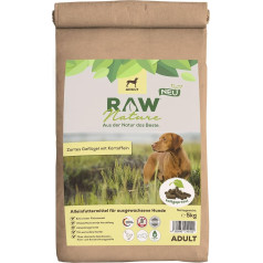 RAW Nature sausā barība pieaugušajiem ar vistas gaļu 5 kg, aukstā spieduma suņu barība, bez graudaugiem, 100% muskuļu gaļa, augsts gaļas saturs, bez mākslīgām piedevām, piemērota visu šķirņu un jutīgiem suņiem.