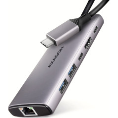 Axagon Hmc-6g2l daudzportu usb hub 6in1, 10gbps, 2xusb-a, 1xusb-c, hdmi 4k/60hz, pd 100w, glan, 15cm usb-c kabelis