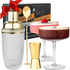 Vemacity kokteiļu komplekts - stikla kokteiļu šeikeris ar sietiņu 450 ml | Komplektā ietilpst 2 x Martini glāzes ar zelta malu, zelta bāra karotīte un žigers | Elegants bārmeņa komplekts | Kokteiļu šeikeru komplekts | Kokteiļu maisījumu kom