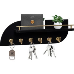 Karisky Atslēgu turētājs pie sienas, koka sienas atslēgu turētājs ar 6 izturīgiem metāla āķiem somām, mēteļiem, lietussargiem, 14 collu pasta organizators mājas priekšnama dekoram, melns un zelts