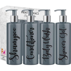 Print Maniacs Grey Mrs Hinch Inspired Personalizētas 500 ml pudeles ar sūkni Vannas istabas losjona virtuves komplekts Šampūns Kondicionieris Dušas želeja (4 dušas želejas komplekts) (melns)