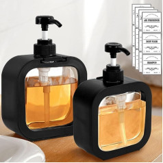 Ziepju dozators, vannas ziepju dozators ar ūdensizturīgu etiķeti, ziepju trauks vannas istabai un virtuvei (2 iepakojumi pa 500 ml, melns)