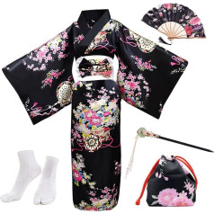 PLULON 5 gabali japāņu Geiša Yukata kleita Blossom Satin Bathrobe ar aukliņu roku ventilatoru Hairpin Tabi zeķu komplekts sievietēm