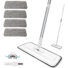 Mikrošķiedras mops grīdu tīrīšanai, plakana mopa lamināta, cietkoksnes, koka sienu, cieto grīdu, vinila flīžu, mitrai, sausai un putekļu tīrīšanai ar 4 atkārtoti lietojamiem mazgājamiem spilventiņiem.
