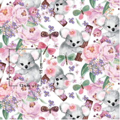 Pingianer Koala 100% kokvilnas audums, Bērnu audums, metrā, Amatniecība, Šūšanas audums (Zaķis Mēness, Sirds, Balts) (Koala Zieds, Krāsains, 200 x 160 cm)