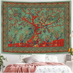 Simpkeely Dzīvības koks, estētisks indiešu mandalas sienas audums, bohēmisks hipiju batikas gobelēns, sienu mākslas rotājums guļamistabai un viesistabai, 150 x 200 cm, zaļš