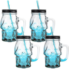 binsakao Halloween-Becher, 4er-Set, blauer Totenkopf-Glass, Trinkglas mit Deckel und Strohhalmen, Halloween-Dekoration, Trinkgläser, 473 ml