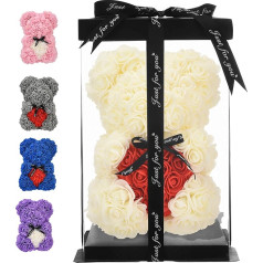 Rose Bear - Rose Teddy Bear 10 collu Hugz Teddy Flower Bear - vairāk nekā 250 duci mākslīgo ziedu - unikālas dāvanas, dāvanas sievietēm caurspīdīga dāvanu kaste (piena balta)