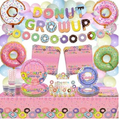 Donutu ballītes rotājumi, ietver Doughnut Grow Up Banner, papīra galda piederumus, balonus, galdautu, galdautu, kūku toperus meitenēm Sweeties Baby Donut Grow Up Theme Birthday Decorations, 20 viesiem