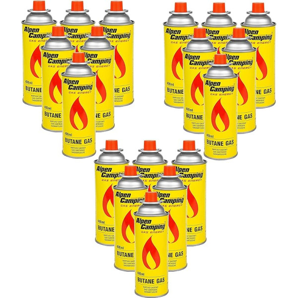 Alpen Camping Butāns 18 x 400 ml gāzes kasetnes, gāzes balons gāzes plīts, kempinga plīts, Bunsen deglis, lodēšanas deglis, 400 ml, EN417 (18)