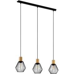 EGLO Palmorla piekaramais gaismeklis, 3 spuldzes piekaramā lampā, Vintage, Industrial, Retro, piekaramais gaismeklis, izgatavots no tērauda un koka, melnā, dabīgā krāsā, ēdamgaldiņa galda lampa, viesistabas lampa, piekaramais ar E27 ligzdu