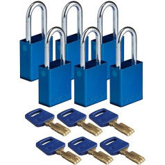 Brady (ALU-BLU-38ST-KD6PK) SafeKey anodēta alumīnija atslēga ar tērauda skavu 38,00 mm, zila KD - dažādas slēdzenes 6 gab. iepakojumā