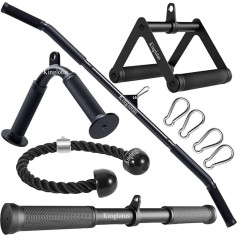 Kinglotus piederumu komplekts mājas trenažieru zālei: 99,1 cm lat pull down stiprinājums, taisns pievilkšanās stienis, V-veida stienis, tricepss virve, dubultie D veida rokturi. Aksesuāri svara trenažieriem, lai maksimāli uzlabotu jūsu fitnesa r
