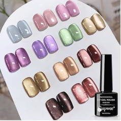 SUPWEE Cat Eye UV Cel nagu lakas komplekts, 12 krāsu kaķu magnētiskā gela nagu laka ar 1 magnētu hologrāfisko spīdumu kaķu magnētisko magnētisko nagu laku, kas iesūcas UV gelā DIY manikīra mākslai