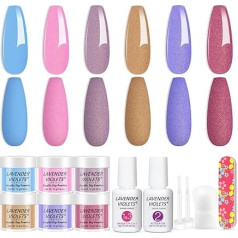 Lavender Violets Pulveru sistēma Sky Blue Spring Shimmer Light Pink Purle 6 krāsas Glitter pulveris izkliedēšanai Manikīra iemērkšanas pulveris Nagu pulveris 2 in 1 Base & Top Coat Activator Nail Brush M219