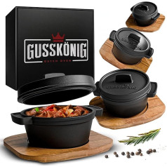 GUSSKÖNIG Holandiešu cepeškrāsns komplekts Mini ar koka lāpstiņu - 4 x 300 ml čuguna mini katliņš ar vāku - apdedzināta mini holandiešu cepeškrāsns - mini čuguna panna ar kokotu