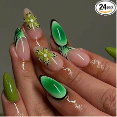Kaichen Press On Nails 3D Green Flower Medium Almond Nails 12 izmēri 24 gabali nagu komplekts ar līmlentēm