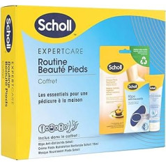 Scholl Routine Beauté pieds komplekts, kas sastāv no barojošas pēdu maskas ar manuka medu, kapuļu raustītāja ar nanostikla tehnoloģiju un pastiprināta pēdu krēma ar mitrinošu sastāvu, 75