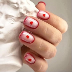 24 Stück Valentinstag-Nägel zum Aufkleben, kurz, quadratisch, zum Aufdrücken, Herz, Acrylnägel, französische Vollabdeckungen, künstliche Nägel