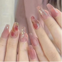 Coffin False Nails Long Fake Nails Press on Nails Bellarina Acrylic Stick on Nails 24 gab. sievietēm un meitenēm (rozā, 1 gab. (Iepakojumā 1))