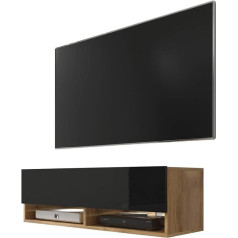 Selsey Wander TV panelis / TV skapītis viesistabai, piekaramais/stāvīgais, pēc izvēles ar LED, 100 cm (koka efekts Wotan ozols/ melns spīdums, ar LED)