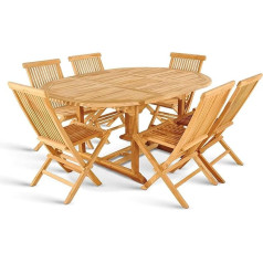 SAM Aruba Garden Group 7 gab. tīkkoka koka 7 gab. 1 x izvelkamais galds apm. 180-240 x 100 cm + 6 x Aruba krēsli ar augstiem atzveltnes atzveltnes balstiem