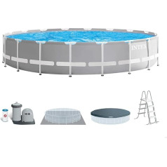 Intex 26756NP Prism rāmja apaļš virszemes baseins, filtra sūknis 5678 L/h, kāpnes, aizsargplēve un brezenta, 32695 L, tērauds un PVC, pelēks, 610 x 132 cm