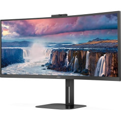 AOC CU34V5CW - 34 collu WQHD izliekts monitors, 2 MP tīmekļa kamera, skaļrunis, regulējams augstums (3440 x 1440, 100 Hz, HDMI, DisplayPort, USB-C, USB koncentrators), melns