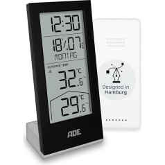 ADE Radio vadāms pulkstenis digitālais ar temperatūras displeju un āra sensoru termometrs iekštelpu un āra temperatūras tendenču displejs galda pulkstenis ar datumu un nedēļas dienu iekļauts ar baterijām