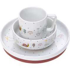 LÄSSIG trauku komplekts, porcelāna trauku komplekts bērniem, šķīvis, bļoda, krūze ar silikona gredzenu, neslīdošs bērnu trauku komplekts
