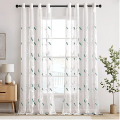 EMEMA Voile aizkars Dzīvojamā istaba ar cilpām Caurspīdīgi lapu raksts Skaisti izšūti aizkari Logu aizkari Komplekts no 2 modernas guļamistabas aizkari Katrs H 245 x W 140 cm Lapas zils