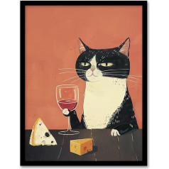 Artery8 Tuksedo kaķis dzer vīnu ar sieru Glezniecība virtuves mākslas darbiem Rāmēta sienu mākslas druka A4