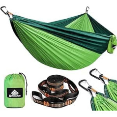 Naturefun Ultralight Travel Camping šūpuļtīkls, 300 kg kravnesība (300 x 200 cm) Elpojošs, ātri žūstošs izpletņa neilons, 2 x Premium karabīnes, 2 x neilona cilpas iekļautas, āra