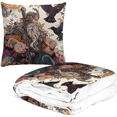 LDZDGD Viking Blanket and Throw Pillow 2 in 1, Nordic Mythology Print Pattern Travel Blanket, Soft, Cuddly Flannel Travel Blanket for Children (Color : Odin, Size : 180 x 150 cm)