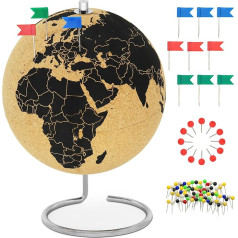 Rotējošs korķa globuss ar 104 piespraudēm, 25 cm augsts korķa globuss piespraudei, stilīgs pasaules globuss ar piespraudēm kā dāvanas ideja, korķa globuss ar pasaules karti, korķa globuss kā dāvana globetrotteriem.