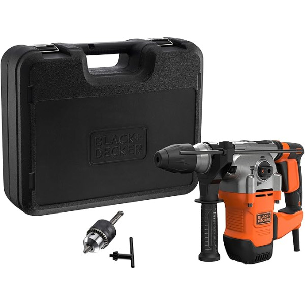 Black+Decker SDS-plus urbjmašīna un kalts BEHS03K (1250 W, 3,7 džouli, komplektā ietilpst 2 SDS-plus urbji, plakanais kalts, adapteris ar atslēgu, koferis)