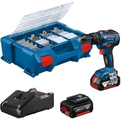 Bosch Professional GSB 18V-55 18V sistēmas 18V akumulatora urbis ar āmuru (Maks. Griezes moments 55 Nm, 2x 4,0 Ah akumulators, lādētājs GAL 18V-20, 82 gabali piederumu komplekts, L-Case Pick & Click)