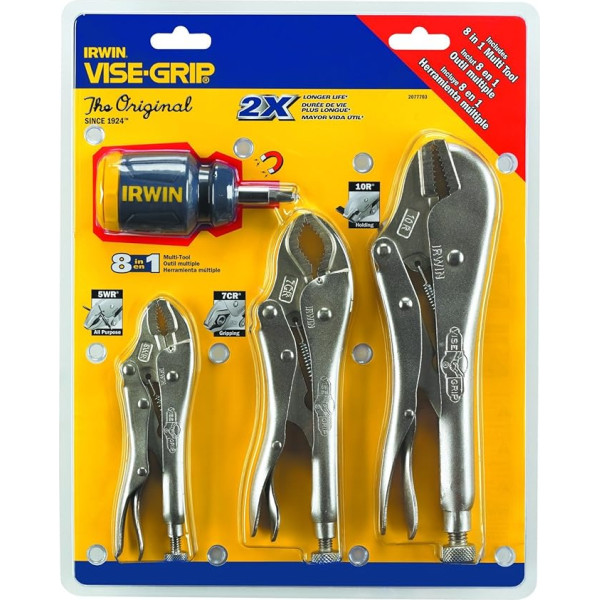 Irwin 2077703 Vise Grip 3 Stück 25,4 cm, glatt, Bluetooth un 12,7 cm, gebogen gebogen mit Drahtschneider Zange Set mit 8 in 1 Multitool